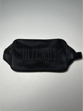 Milani Black Satin Cosmetic Bag with Embroidered Logo and Gold Zipper Pull